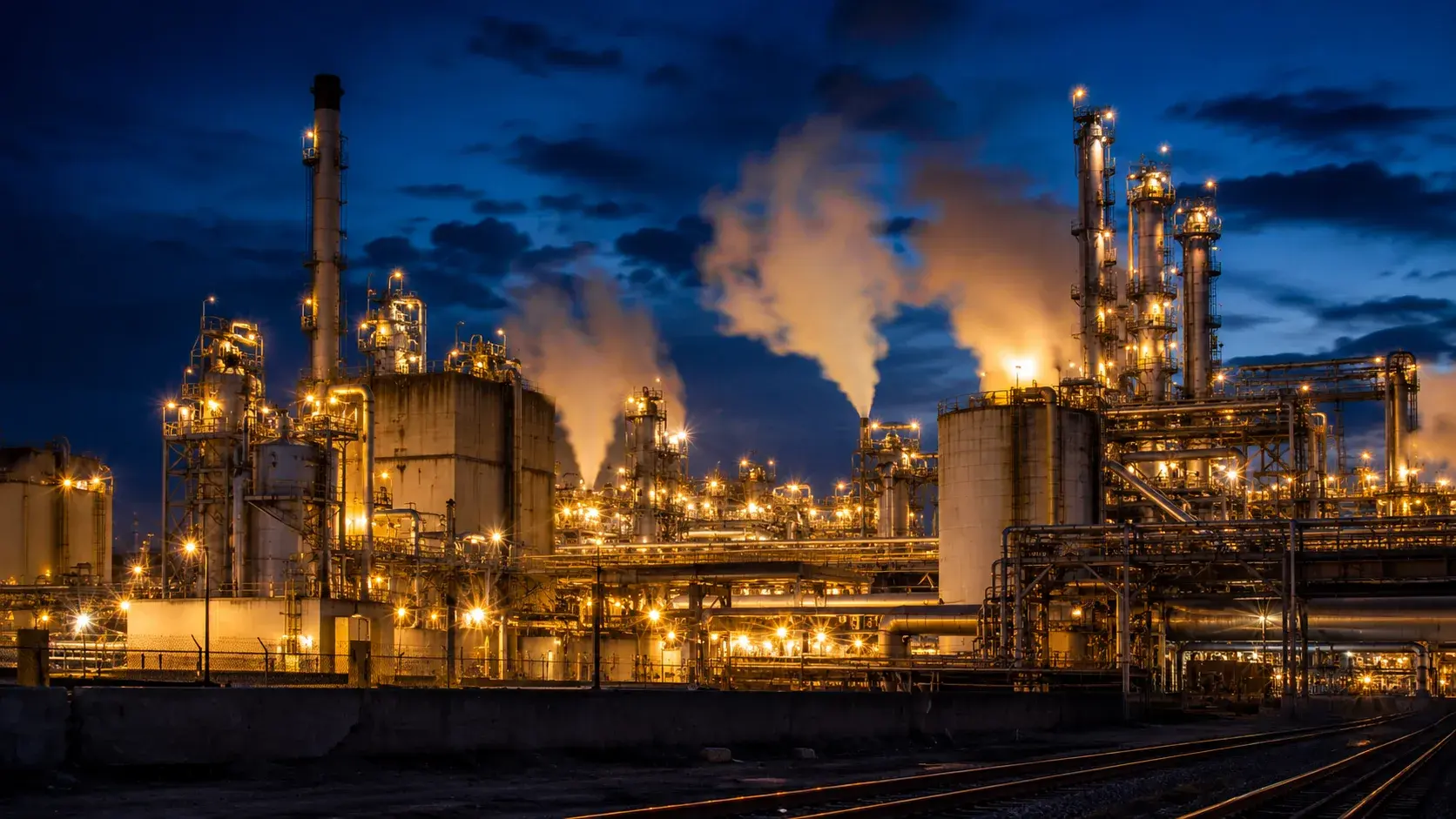 Industrial process plant lit up at night