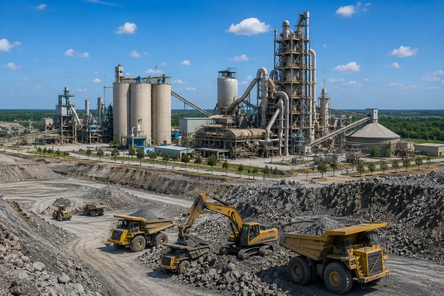 Cement plant with mining excavators and haul trucks in the foreground