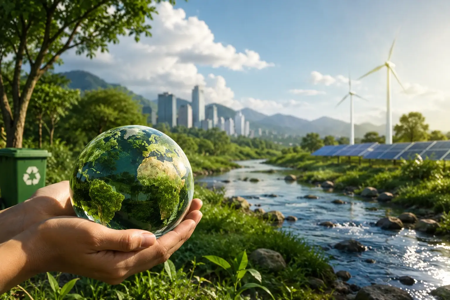 Hands holding a glass globe with a green skyline, river, wind turbines and solar panels in the background