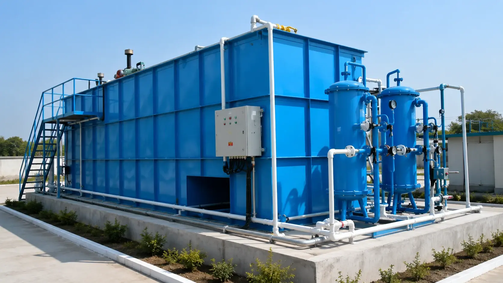 Prefabricated sewage treatment plant module with attached filtration vessels