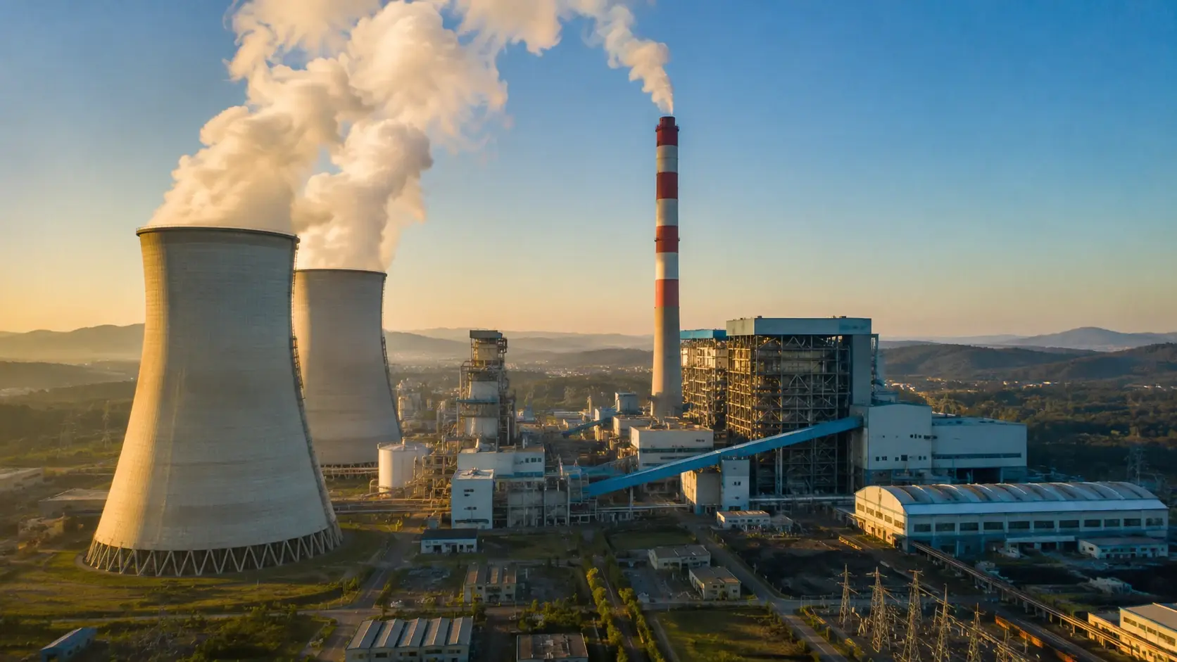 Aerial view of a thermal power plant with cooling towers and emission stack at sunrise