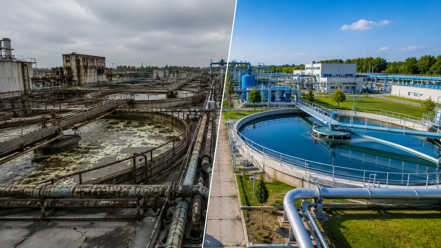 Before and after comparison of an outdated industrial plant transformed into a modern, compliant facility