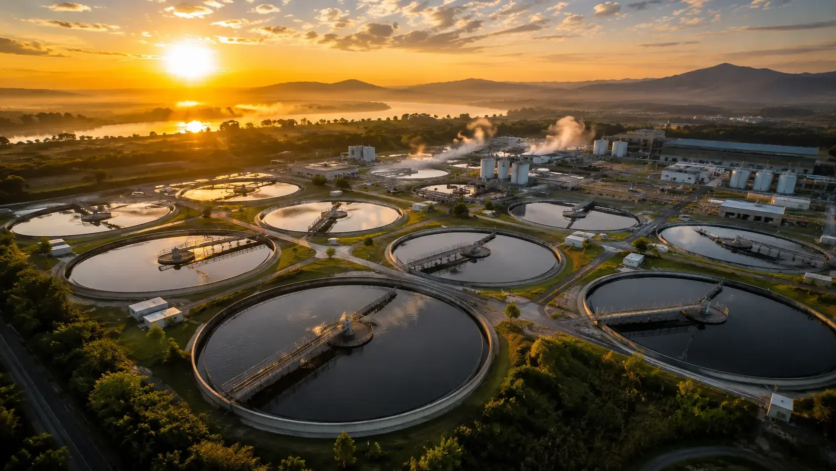 Aerial view of a wastewater treatment plant at sunrise