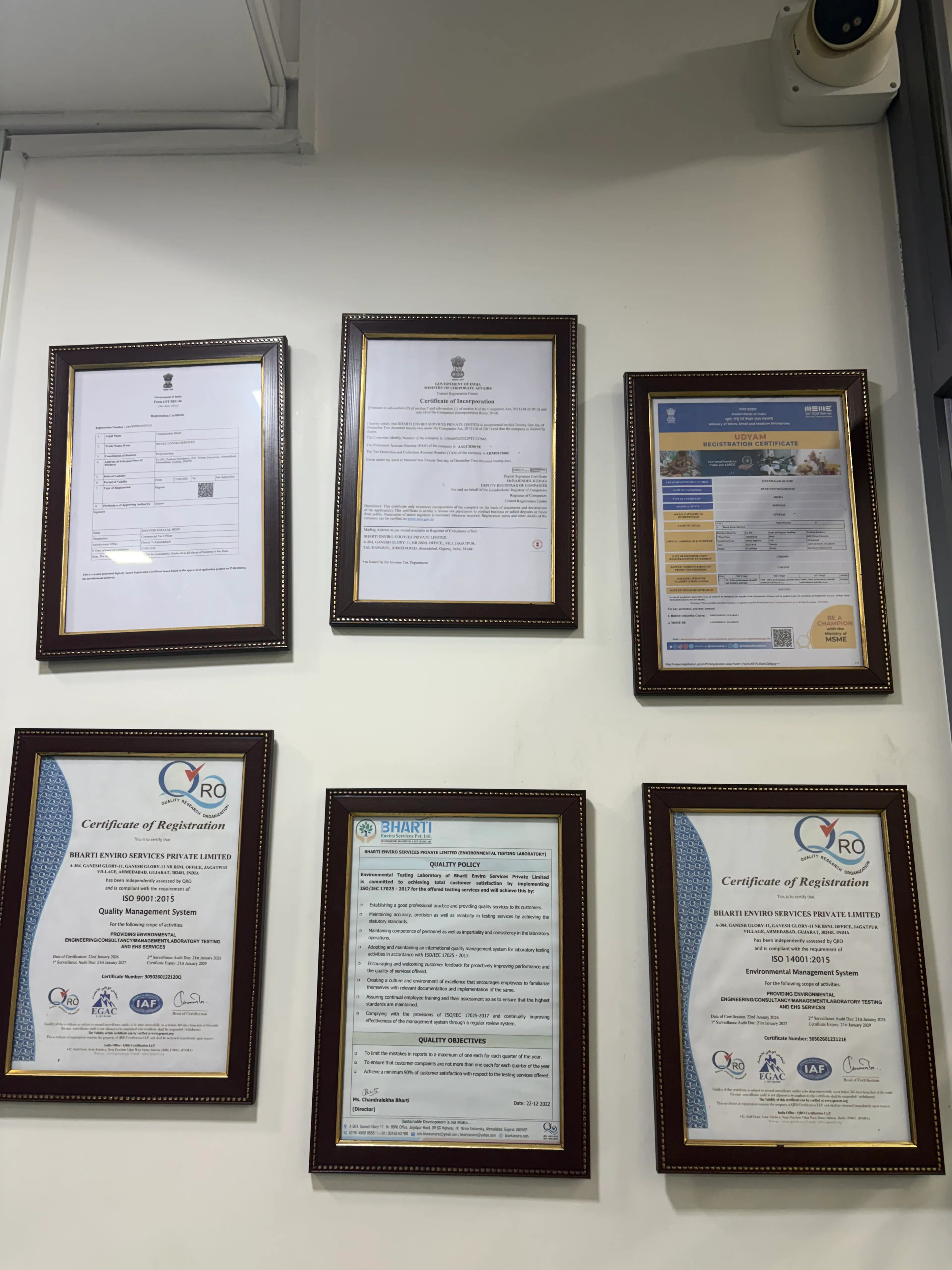 ISO and regulatory certifications on display
